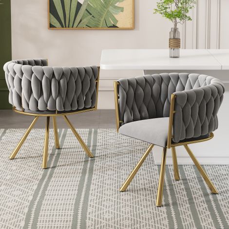 Samt-Esszimmerstuhl, 2er set, einzelner heller Luxus-Wohnzimmer-Schlafzimmer-Drehstuhl, Freizeit-Drehstuhl mit vier Stützbeinen aus Metall,Grau und Gold