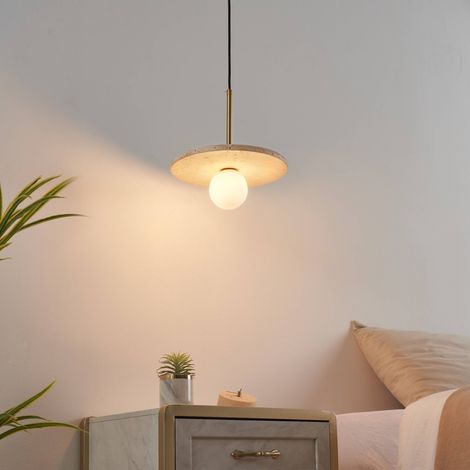 Suspension élégante travertin et boule en verre opalin - Silvia (1/5)