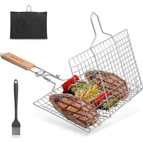 pliable panier grille pour barbecue Portable en Acier Inoxydable 304, Poisson Légumes Steak de Crevettes, avec poignée amovible, brosse à badigeonner bouteille et sac rangement - (1/5)