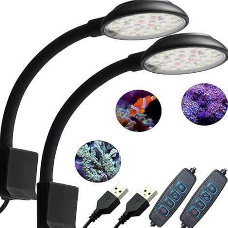 Lot de 2 lampes à pince pour aquarium (blanche et bleue, 7 W) pour aquariums de 20 à 40 cm, adaptées aux plantes aquatiques et à l'eau douce. (1/5)