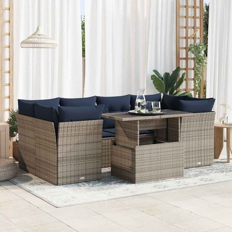 7-tlg. Garten-Sofagarnitur mit Kissen Grau Poly Rattan Akazie vidaXL (1/5)