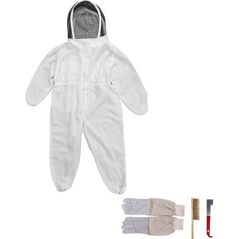 Imkeranzug (weiß) + belüftete Handschuhe + Doppelborsten-Schöpfkescher + rotes Entdeckelungswerkzeug – Professionelle Imkerausrüstung (1/5)