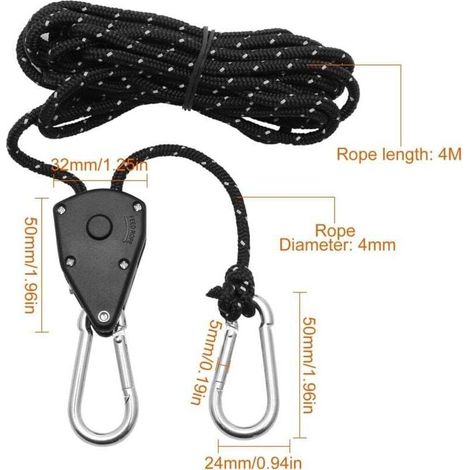 2 Pièces Corde à Cliquet Réglable 4M, Poulie à Cliquet Noir 1/8 avec 2 Replacement Crochets, Tendeur de Corde à Cliquet Réfléchissante pour Lampe Plantes Tente Randonnée (1/3)