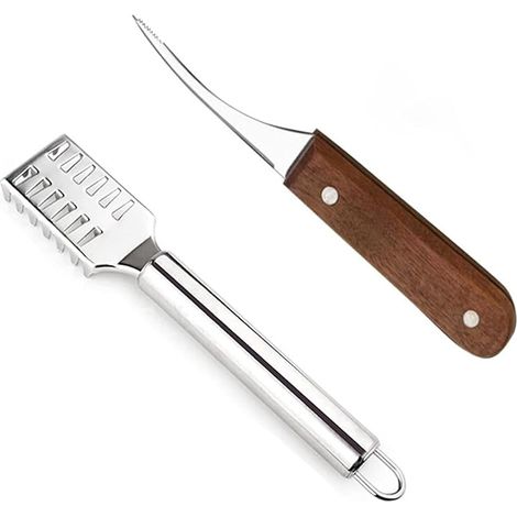 1 Pièce Ecailleur De Poisson Remover & 1 Pièce Outil de Crevette en Acier Inoxydable avec Poignée en Bois, Écailleur à Poisson à Gratter En Acier Inoxydable, Eplucheur de Crevettes