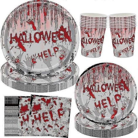 Service de table 96 pièces pour Halloween 2025 : assiettes et serviettes en papier sur le thème sanglant. Décoration de table idéale pour une fête d'Halloween réussie. (1/5)