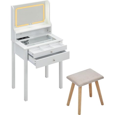COSTWAY Set Toeletta Trucco con LED Regolabile,Prese di Stazione,Sgabello Imbottito,Piano in Vetro