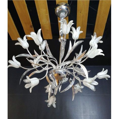 TRADE SHOP - Lampadario Lampada Pendente Fiori Bianco Acciaio Vetro Luce Led Sospensione Soffitto -