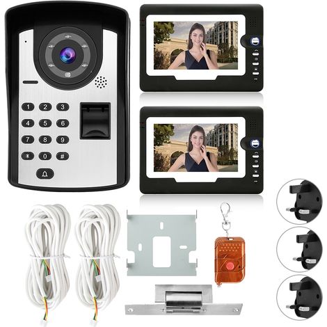 Kit Vidéophone Filaire 7 Pouces avec Empreinte Digitale et Code, Sonnette Interphone Porte sans Serrure, 110-240V UK (1/5)