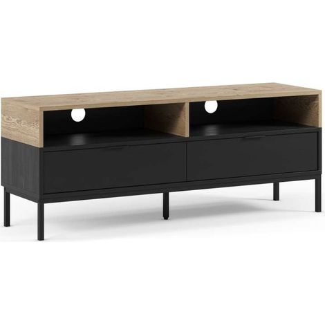 Mueble para televisión 2 puertas 2 huecos mod-Lidia acabado roble y negro, 140cm(ancho) 55cm(alto) 40cm(largo) (1/5)