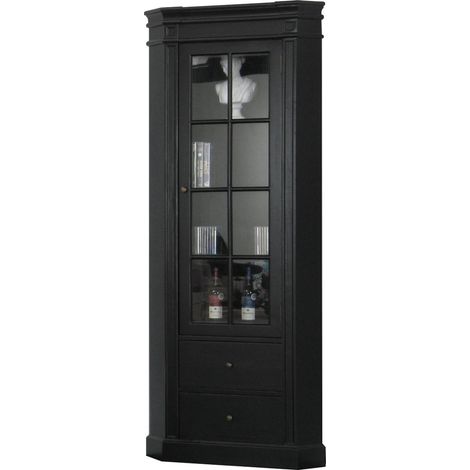 Ebuy24 – Armoire d'angle vintage patiné noir – Dimensions 55 cm x 200 cm – Bois massif avec 3 étagères et 2 tiroirs – Meuble élégant et durable (1/5)