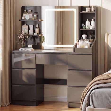 Grande Coiffeuse avec Miroir LED, Luminosité Réglable, Table de Maquillage avec 4 Étagères et 7 Tiroirs, Meuble pour Chambre Moderne (Gris Brillant) (1/5)