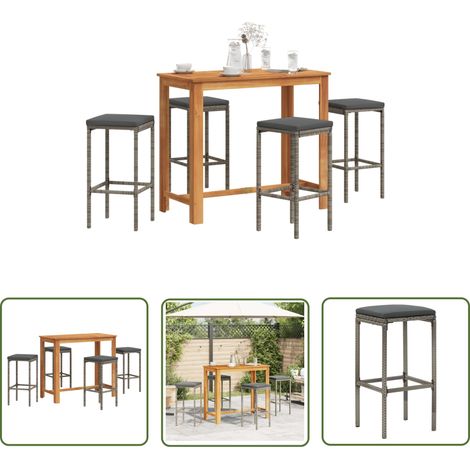 The Living Store 5-tlg. Gartenbar-Set Grau Massivholz Akazie und Poly Rattan - Gartensets - Gartenbar - Outdoor Möbel - Essbereich Draußen - Lounge Set (1/5)