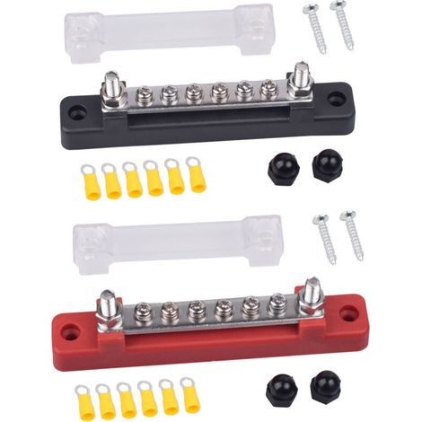 12V-48V DC Power Distribution Block, 150A Electrical Power Distribution Busbars with 6 x M4 Terminal Bolts for Car, Truck, Boat, 2 Pieces (Red/Black) (1/5)
