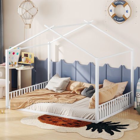 Letto Bambino 140x200 cm in Metallo Bianco, Struttura a Forma di Casa e Design Essenziale (1/5)