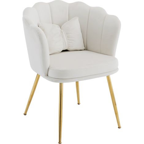Butaca moderna de terciopelo beige con respaldo en forma de pétalo y patas de metal dorado (1/5)