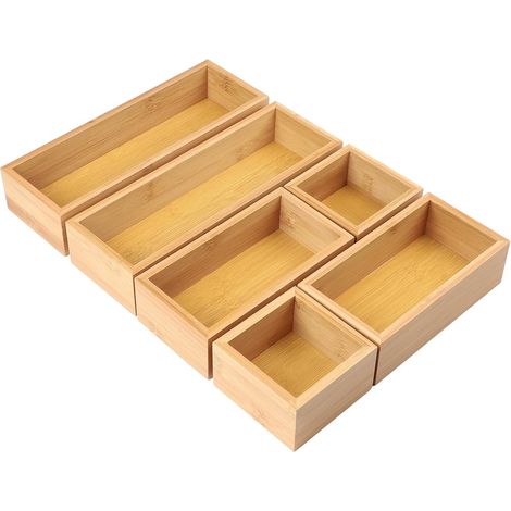 Juego de 6 organizadores de cajones de bambú, cajas de almacenamiento de madera, caja de almacenamiento para cosméticos, utensilios de cocina, maquillaje, joyas, oficina, baño (natural) (1/5)