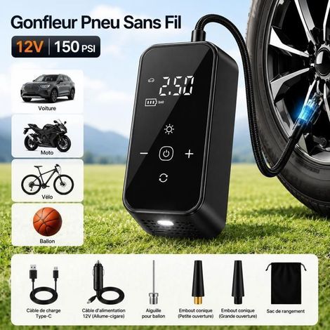 Gonfleur Pneu Voiture 12V 150PSI, Compresseur Air Sans Fil, Écran Tactile, Rangement Tuyau Intégré, Arrêt Auto, Lampe SOS (1/5)