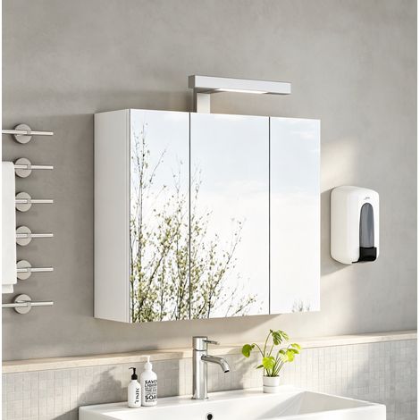 Spiegelschrank Bad wandhängend 60x16x70 cm MDF Glas Weiß, 3 Türen, platzsparend – MEUBLIV (1/5)
