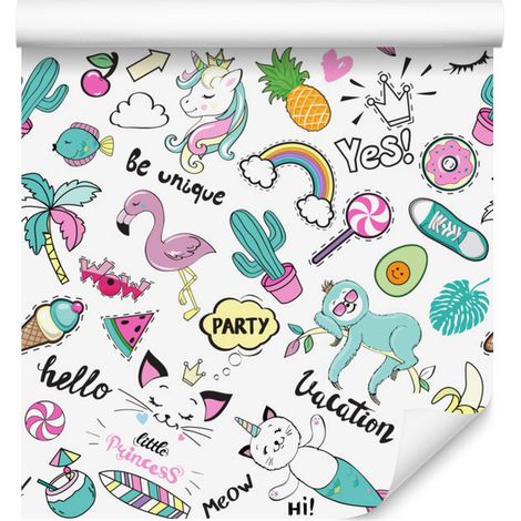 Papel pintado de unicornios y amigos de colores para salón y dormitorio, 50x1000 cm. (1/5)