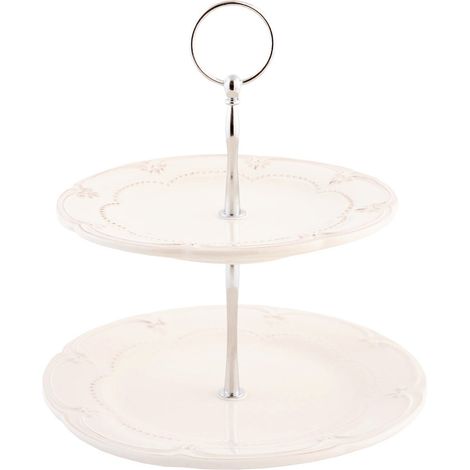 Présentoir à Gâteaux Étagère 2 Plateaux en Céramique Beige à Motifs Roses 23 cm - PANGIVO (1/3)