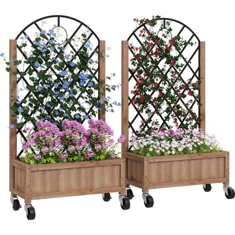 2er Set Hochbeet Pflanzkasten mit Rolle, Rankgitter, Spalier Pflanzkübel Blumenkasten Holz, Gartenspalier 152x25x97cm für Garten Balkon Terrasse, Blumenkübel für Kletterpflanzen Korbpflanzen Aosom