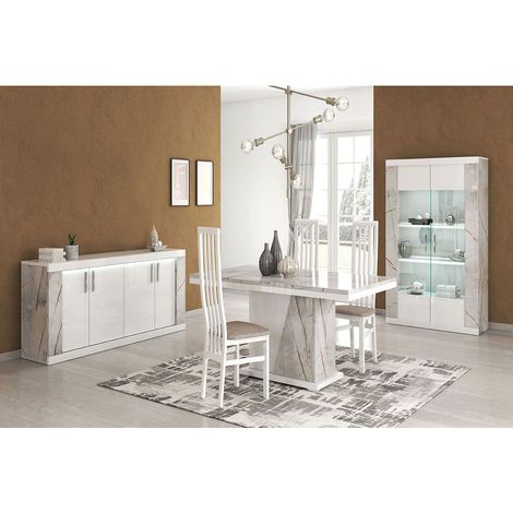 Altobuy – Salle à manger complète Eros – Table repas 160x90cm – Buffet 190x47cm – Vitrine 100x43,5cm – Éclairage LED intégré