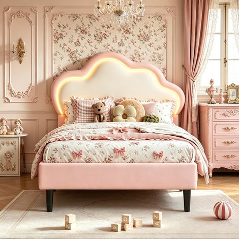 Lit simple 90x200 cm, Tête de Lit Nuage avec LED RGB 16 Couleurs & 4 Modes, Simili Cuir Imperméable – Lit enfant capitonné (1/5)