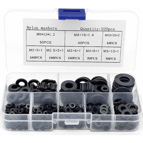 royaluxe - 500PCS Noir Nylon Rondelle, Rondelle Spacer Rondelle Assortiment Kit M2 M2.5 M3 M4 M5 M6 M8 M10 Rondelle plate, (1/5)
