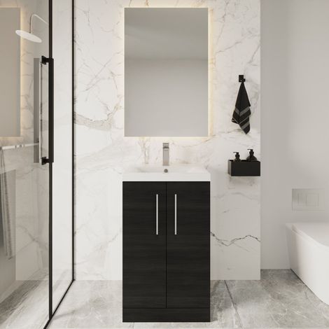 Nuie Arno Charcoal Black Woodgrain 500mm 2 Door Vanity Unit and Mid Edge Ceramic Basin - ARN601A (1/5)