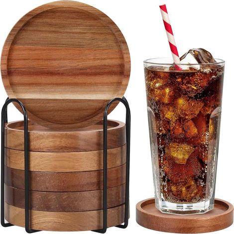 Lot de 6 dessous de verre ronds en bois d'acacia réutilisables avec support en fer pour boissons, café, bar, cuisine (1/4)