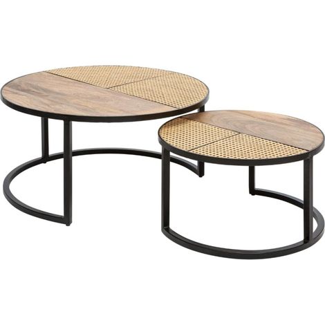 Mesas nido KANEVIA redondas de madera de mango maciza, ratán y metal negro