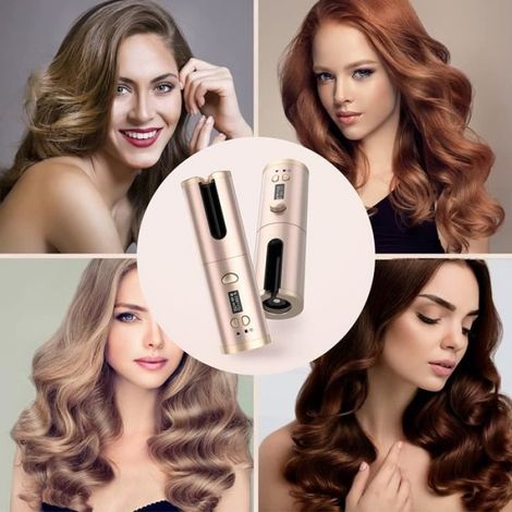 Fer à Friser Automatique Sans Fil, Fer à Boucler Auto Rotatif Portable, Boucleur a Cheveux Rechargeable USB,6 Températur-Doré (1/4)