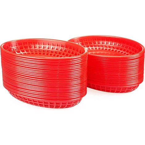 [NUNCA UTILIZADO]Paquete de 50 cestas de comida rápida de presentación clásicas de plástico ovaladas, color rojo, 14 x 22,5 x 3,8 cm (1/5)