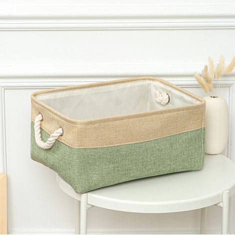 Panier de rangement pliable en tissu coton et lin vert et beige, boîte de rangement pour vêtements et jouets avec poignées