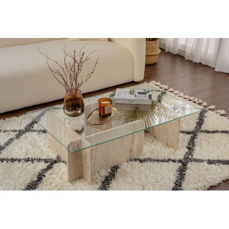 Table basse fixe en mélamine marbre travertin 105 cm – Plateau verre trempé 18 mm – Largeur 105 cm, Hauteur 30 cm (1/10)
