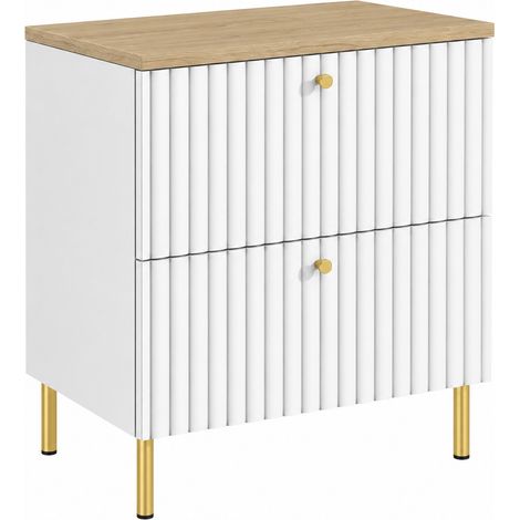 Mobile sottolavabo con piedini 60 cm, 2 cassetti, con piano, chiusura ammortizzata, Bianco / piano Rovere Chiaro, gambe dorate, 60 x 44,4 x 73,6 cm (1/5)