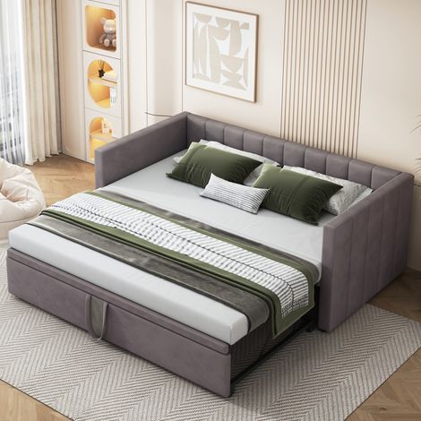 Canapé-lit extensible 90/180x200 cm capitonné velours gris avec sommier à lattes, lit multifonctionnel (sans Matelas) (1/5)