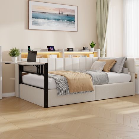 Lit banquette 90 x 200 cm - table rabattable - tables de chevet interchangeables - coffre de rangement hydraulique - blanc (1/5)