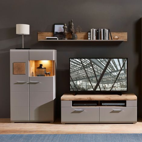 Wohnzimmer Möbel FARO-36 in basalt mit Absetzungen in Eiche Hirnholz Nb und LED Beleuchtung, B/H/T: ca. 240/139/47 cm (1/5)