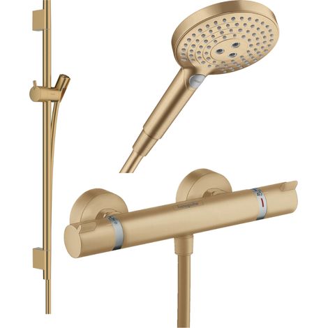 HANSGROHE Pack mezclador termostático de ducha Ecostat Comfort + barra Unica + flexible + rociador Raindance 3 jets bronce cepillado (1/3)