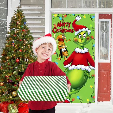 Copertura per porta di Natale, decorazione natalizia Grinch, banner di sfondo con mostro dai capelli verdi per decorazioni natalizie, porta d'ingresso, 180 90 cm (1/4)