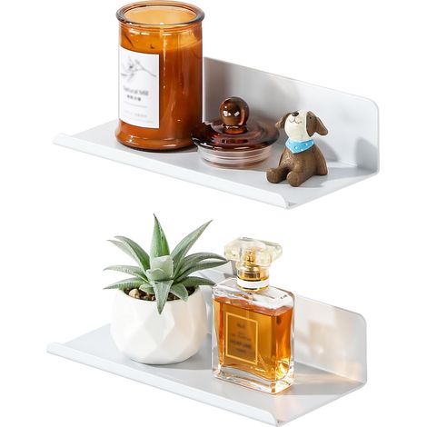 Lot de 2 Etagere Murale sans Percage Salle de Bain, Etagere Murale sans Vis Tablettes Flottantes Adhésif de Décoration, Tablette Rangement pour Cuisine, Salon, Chambre, 20CM Blanc (1/5)