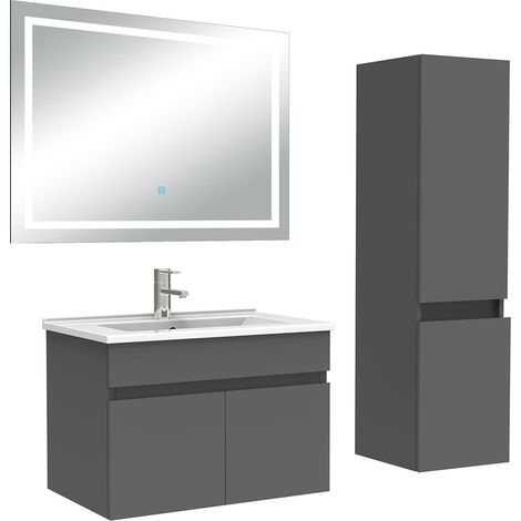 Ocean Ensemble meuble salle de Bain 60cm simple vasque avec colonne + miroir 3 couleurs Anthracite