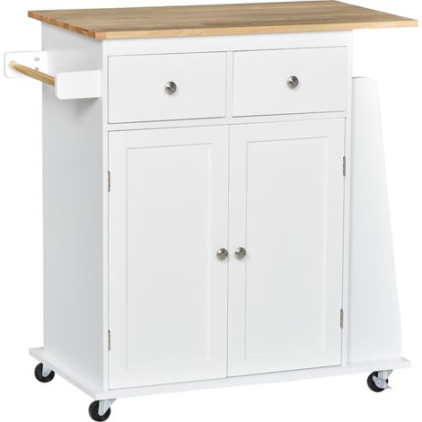 HOMCOM Kücheninselwagen mit Arbeitsplatte, Flaschenablage, Handtuchhalter, 2 Schubladen, 2-türigem Schrank, weißem MDF und Gummibaumholz