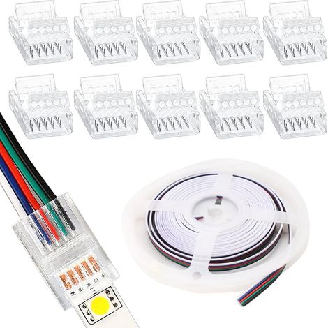 Lot de 10 connecteurs de bande LED à 5 broches de 10 mm sans soudure avec fil LED de 5 m CC 12 V pour bande lumineuse LED RVB étanche ou non étanche de 10 mm de large (1/5)