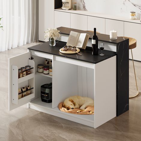 Îlot de cuisine avec comptoir bar, table de cuisine multifonctionnelle avec espace de repos pour animaux, pour cuisine et salle à manger, aspect marbre blanc et noir, 120 × 80 × 100 cm