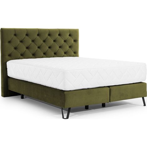 Lit continental capitonné tissu vert olive Pozza avec matelas 30cm en latex et pied métal noir-160x200 (1/5)