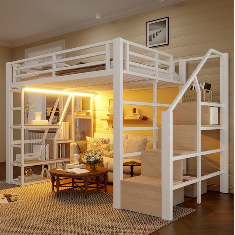 Letto rialzato adulti 140x200 cm con vano portaoggetti aperto, scala, sponda di sicurezza e illuminazione LED, senza materasso, bianco (1/5)