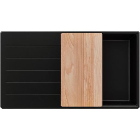 PRIMAGRAN Evier Cuisine en Granit 90x50cm,Lavabo 1 bac + Kit de Vidage + Planche à Découper, Évier à Encastrer au meuble 60cm - Copenhague, Noir (1/5)