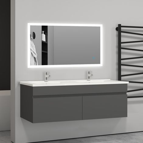 Aica Sanitaire – Meuble double vasque 120x45x40cm – 2 portes avec fermeture amortie – 2 vasques suspendues en céramique – Finition anthracite